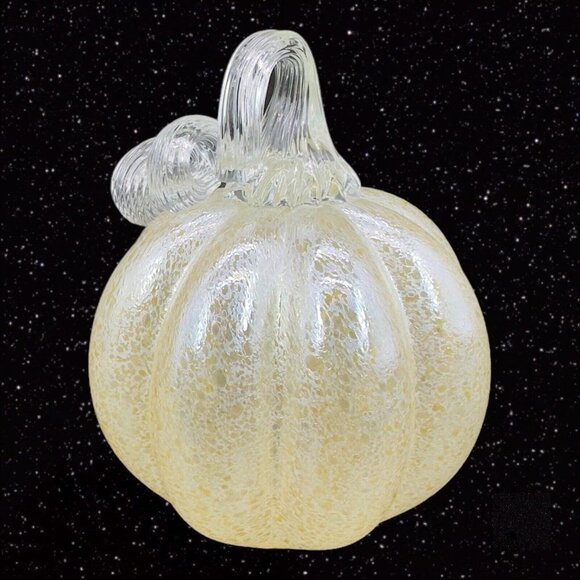 Yellow Metallic Finish Art Glass Pumpkin Figurine Paperweight Lightweight Clear - Picture 1 of 8
